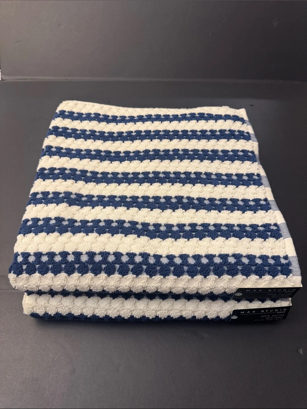 8pc MAX STUDIO 100% Cotton Textured Bath Towel Set - Blue/Off White